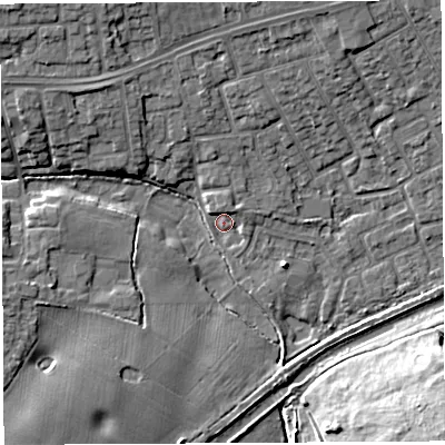 Shaded relief map of the ground around WA52HP, computed from Environment Agency LiDAR. The ground here sits at about 7 m above sea level and falls 17 m across the surrounding 800 m. Surface water reaching this point runs off ground lying to the north-west, 9.2 m higher.