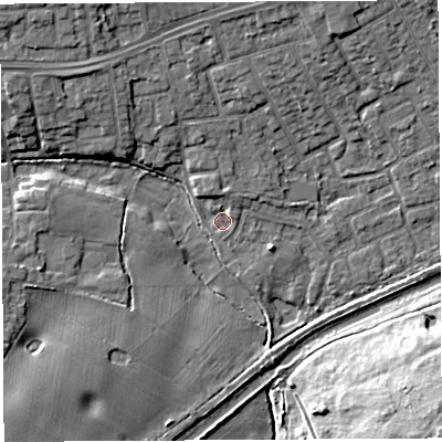 Shaded relief map of the ground around WA52HR, computed from Environment Agency LiDAR. The ground here sits at about 7 m above sea level and falls 18 m across the surrounding 800 m. Surface water reaching this point runs off ground lying to the north-west, 8.5 m higher.