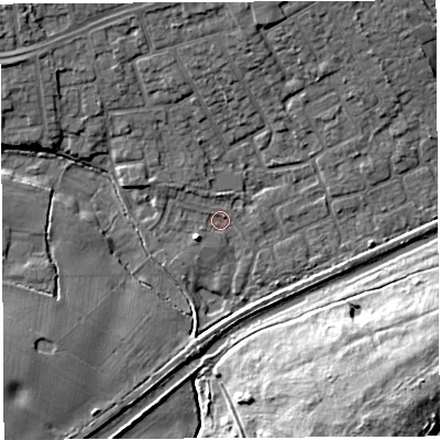 Shaded relief map of the ground around WA52HS, computed from Environment Agency LiDAR. The ground here sits at about 7 m above sea level and falls 18 m across the surrounding 800 m. Surface water reaching this point runs off ground lying to the south-west, 2.7 m higher.