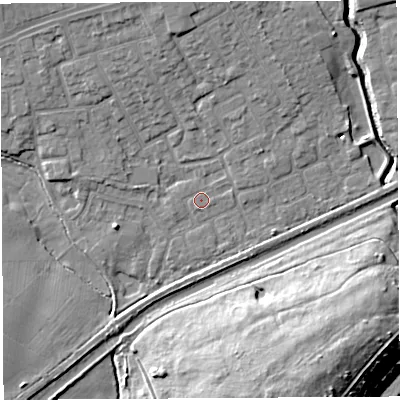 Shaded relief map of the ground around WA52HU, computed from Environment Agency LiDAR. The ground here sits at about 7 m above sea level and falls 18 m across the surrounding 800 m. Surface water reaching this point runs off ground lying to the east-north-east, 1.1 m higher.