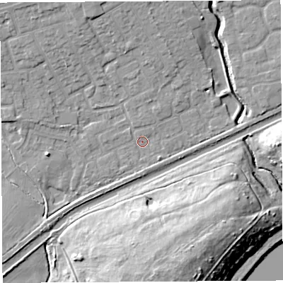 Shaded relief map of the ground around WA52HX, computed from Environment Agency LiDAR. The ground here sits at about 7 m above sea level and falls 19 m across the surrounding 800 m. Surface water reaching this point runs off ground lying to the north, 6.4 m higher.