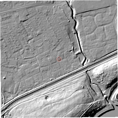 Shaded relief map of the ground around WA52HY, computed from Environment Agency LiDAR. The ground here sits at about 8 m above sea level and falls 19 m across the surrounding 800 m. Surface water reaching this point runs off ground lying to the north-north-west, 4.7 m higher.