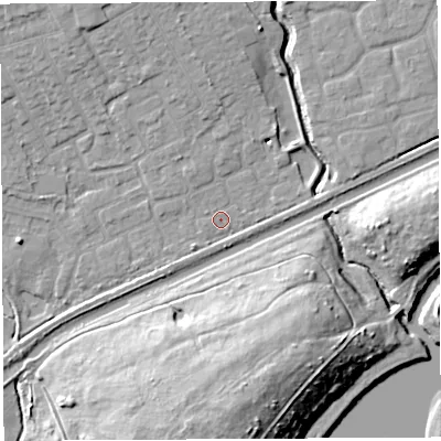 Shaded relief map of the ground around WA52HZ, computed from Environment Agency LiDAR. The ground here sits at about 7 m above sea level and falls 19 m across the surrounding 800 m. Surface water reaching this point runs off ground lying to the north-north-west, 6.4 m higher.