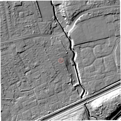 Shaded relief map of the ground around WA52JN, computed from Environment Agency LiDAR. The ground here sits at about 9 m above sea level and falls 12 m across the surrounding 800 m. Surface water reaching this point runs off ground lying to the north-north-west, 1.7 m higher.