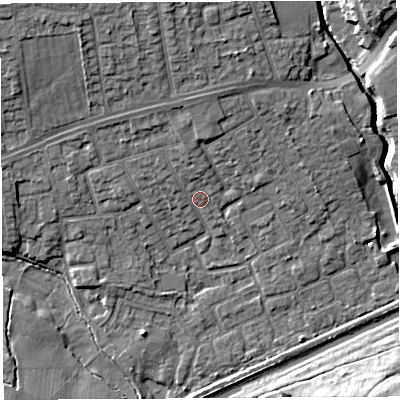 Shaded relief map of the ground around WA52LE, computed from Environment Agency LiDAR. The ground here sits at about 9 m above sea level and falls 12 m across the surrounding 800 m. Surface water reaching this point runs off ground lying to the north, 3.7 m higher.