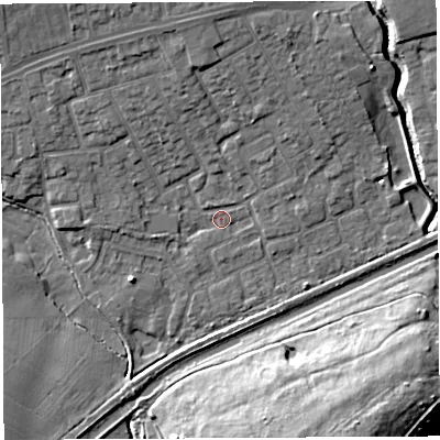 Shaded relief map of the ground around WA52LF, computed from Environment Agency LiDAR. The ground here sits at about 7 m above sea level and falls 18 m across the surrounding 800 m. Surface water reaching this point runs off ground lying to the north, 6.1 m higher.