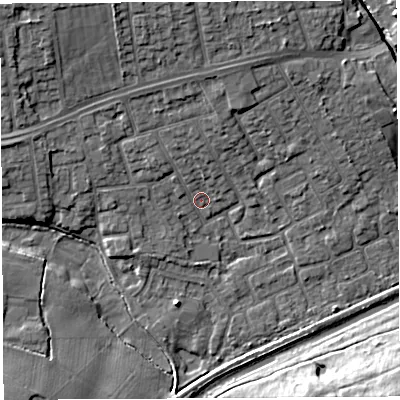 Shaded relief map of the ground around WA52LG, computed from Environment Agency LiDAR. The ground here sits at about 8 m above sea level and falls 14 m across the surrounding 800 m. Surface water reaching this point runs off ground lying to the north, 2.8 m higher.