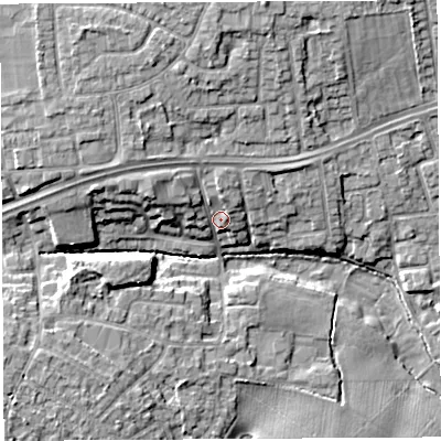 Shaded relief map of the ground around WA52NB, computed from Environment Agency LiDAR. The ground here sits at about 11 m above sea level and falls 11 m across the surrounding 800 m. Surface water reaching this point runs off ground lying to the north-west, 5.2 m higher.