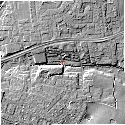 Shaded relief map of the ground around WA52ND, computed from Environment Agency LiDAR. The ground here sits at about 8 m above sea level and falls 10 m across the surrounding 800 m. Surface water reaching this point runs off ground lying to the west-south-west, 8.2 m higher.