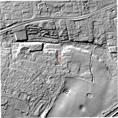 Shaded relief map of the ground around WA52NG, computed from Environment Agency LiDAR. The ground here sits at about 9 m above sea level and falls 10 m across the surrounding 800 m. Surface water reaching this point runs off ground lying to the west, 3.1 m higher.