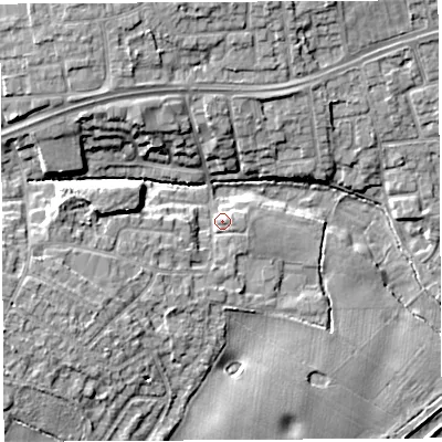 Shaded relief map of the ground around WA52NH, computed from Environment Agency LiDAR. The ground here sits at about 10 m above sea level and falls 10 m across the surrounding 800 m. Surface water reaching this point runs off ground lying to the west-south-west, 3.8 m higher.