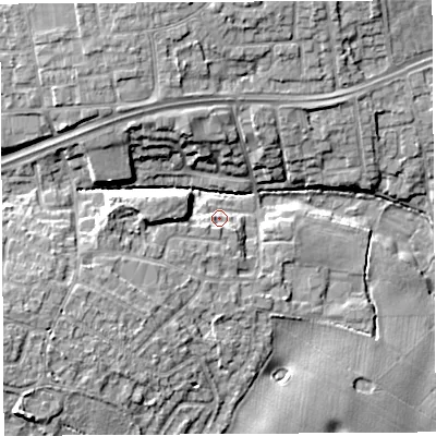 Shaded relief map of the ground around WA52NQ, computed from Environment Agency LiDAR. The ground here sits at about 9 m above sea level and falls 10 m across the surrounding 800 m. Surface water reaching this point runs off ground lying to the south-west, 3.0 m higher.