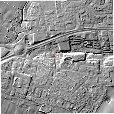 Shaded relief map of the ground around WA52PH, computed from Environment Agency LiDAR. The ground here sits at about 9 m above sea level and falls 10 m across the surrounding 800 m. Surface water reaching this point runs off ground lying to the west-south-west, 8.0 m higher.