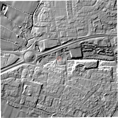 Shaded relief map of the ground around WA52PJ, computed from Environment Agency LiDAR. The ground here sits at about 9 m above sea level and falls 11 m across the surrounding 800 m. Surface water reaching this point runs off ground lying to the west-south-west, 8.7 m higher.