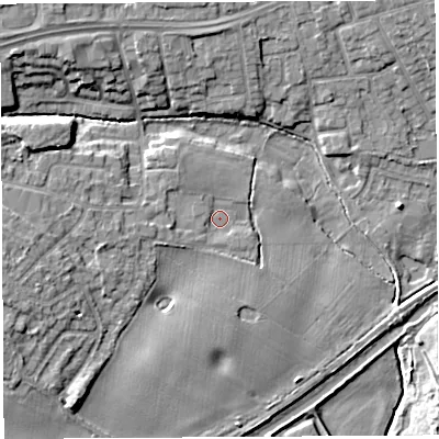 Shaded relief map of the ground around WA52PN, computed from Environment Agency LiDAR. The ground here sits at about 8 m above sea level and falls 11 m across the surrounding 800 m. Surface water reaching this point runs off ground lying to the west, 2.6 m higher.