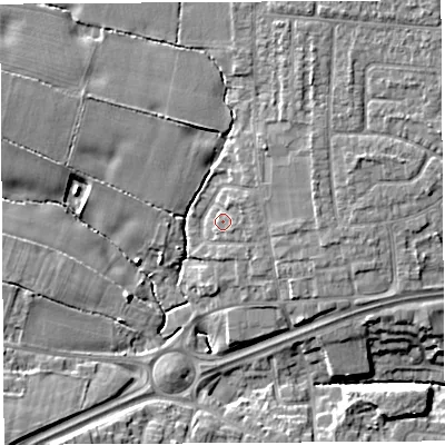 Shaded relief map of the ground around WA52RP, computed from Environment Agency LiDAR. The ground here sits at about 13 m above sea level and falls 11 m across the surrounding 800 m. Surface water reaching this point runs off ground lying to the north-east, 1.2 m higher.