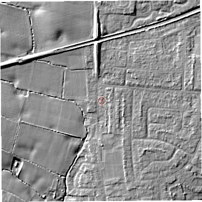 Shaded relief map of the ground around WA52RW, computed from Environment Agency LiDAR. The ground here sits at about 14 m above sea level and falls 11 m across the surrounding 800 m. Surface water reaching this point runs off ground lying to the east-south-east, 1.6 m higher.