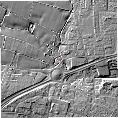 Shaded relief map of the ground around WA52SE, computed from Environment Agency LiDAR. The ground here sits at about 11 m above sea level and falls 11 m across the surrounding 800 m. Surface water reaching this point runs off ground lying to the west-south-west, 8.9 m higher.