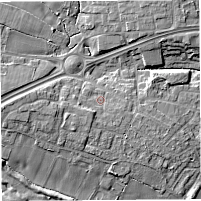 Shaded relief map of the ground around WA52SG, computed from Environment Agency LiDAR. The ground here sits at about 13 m above sea level and falls 11 m across the surrounding 800 m. Surface water reaching this point runs off ground lying to the south-west, 3.0 m higher.