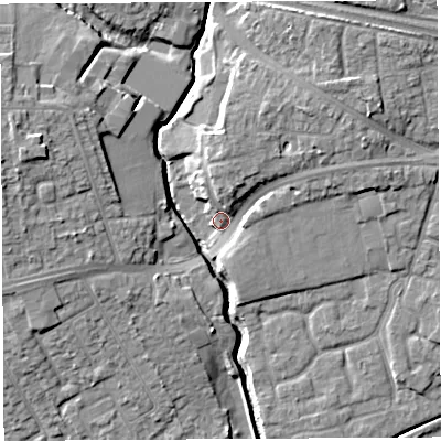Shaded relief map of the ground around WA52TB, computed from Environment Agency LiDAR. The ground here sits at about 9 m above sea level and falls 11 m across the surrounding 800 m. Surface water reaching this point runs off ground lying to the north-east, 6.8 m higher.