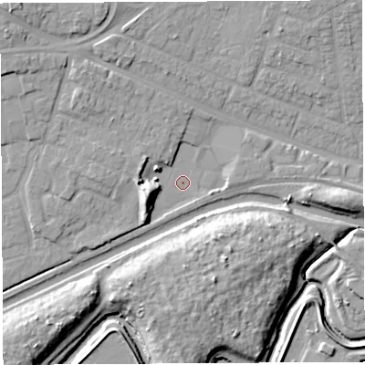 Shaded relief map of the ground around WA52TJ, computed from Environment Agency LiDAR. The ground here sits at about 7 m above sea level and falls 13 m across the surrounding 800 m. Surface water reaching this point runs off ground lying to the west-south-west, 7.5 m higher.