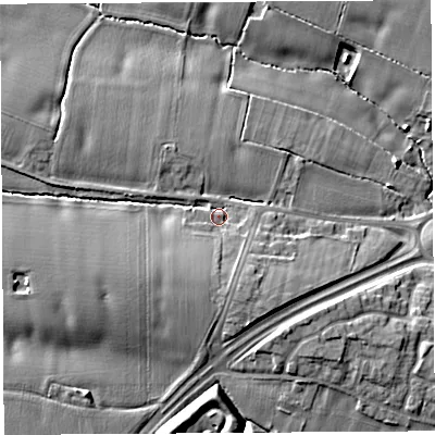 Shaded relief map of the ground around WA52TT, computed from Environment Agency LiDAR. The ground here sits at about 15 m above sea level and falls 10 m across the surrounding 800 m. Surface water reaching this point runs off ground lying to the west-south-west, 5.6 m higher.
