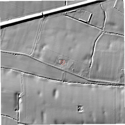 Shaded relief map of the ground around WA52TU, computed from Environment Agency LiDAR. The ground here sits at about 17 m above sea level and falls 11 m across the surrounding 800 m. Surface water reaching this point runs off ground lying to the west, 1.4 m higher.