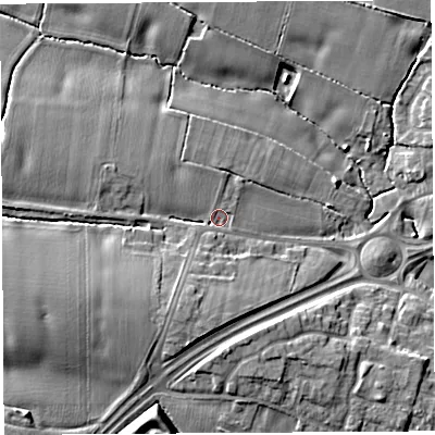 Shaded relief map of the ground around WA52TX, computed from Environment Agency LiDAR. The ground here sits at about 14 m above sea level and falls 10 m across the surrounding 800 m. Surface water reaching this point runs off ground lying to the west-south-west, 5.8 m higher.
