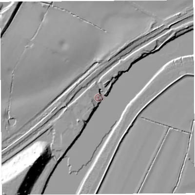 Shaded relief map of the ground around WA52UJ, computed from Environment Agency LiDAR. The ground here sits at about 7 m above sea level and falls 20 m across the surrounding 800 m. Surface water reaching this point runs off ground lying to the south-west, 4.2 m higher.