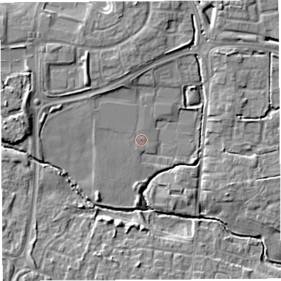 Shaded relief map of the ground around WA53AA, computed from Environment Agency LiDAR. The ground here sits at about 17 m above sea level and falls 9 m across the surrounding 800 m. Surface water reaching this point runs off ground lying to the north, 2.3 m higher.