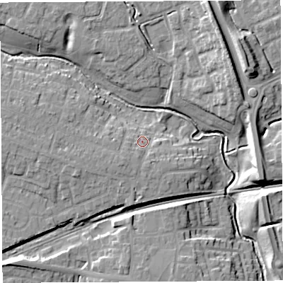 Shaded relief map of the ground around WA53DE, computed from Environment Agency LiDAR. The ground here sits at about 15 m above sea level and falls 15 m across the surrounding 800 m. Surface water reaching this point runs off ground lying to the south-west, 3.2 m higher.