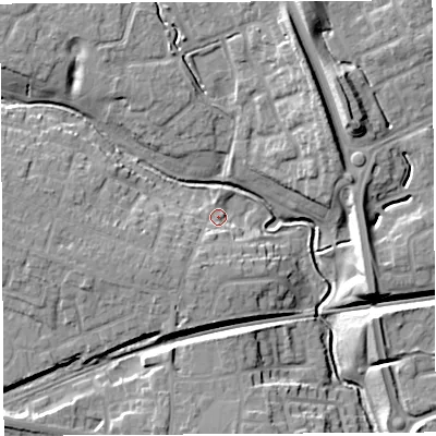 Shaded relief map of the ground around WA53DN, computed from Environment Agency LiDAR. The ground here sits at about 12 m above sea level and falls 15 m across the surrounding 800 m. Surface water reaching this point runs off ground lying to the south-west, 6.8 m higher.