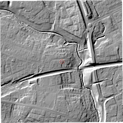 Shaded relief map of the ground around WA53DT, computed from Environment Agency LiDAR. The ground here sits at about 15 m above sea level and falls 15 m across the surrounding 800 m. Surface water reaching this point runs off ground lying to the west, 1.6 m higher.