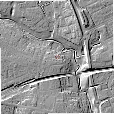 Shaded relief map of the ground around WA53DW, computed from Environment Agency LiDAR. The ground here sits at about 14 m above sea level and falls 15 m across the surrounding 800 m. Surface water reaching this point runs off ground lying to the south-west, 2.9 m higher.