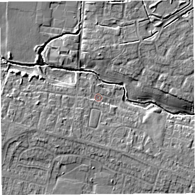 Shaded relief map of the ground around WA53HJ, computed from Environment Agency LiDAR. The ground here sits at about 15 m above sea level and falls 9 m across the surrounding 800 m. Surface water reaching this point runs off ground lying to the south-west, 2.5 m higher.
