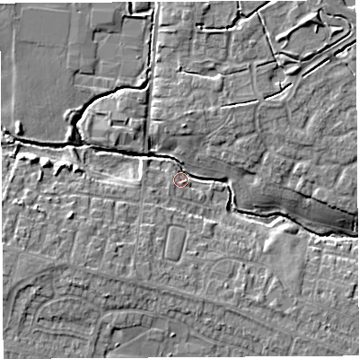Shaded relief map of the ground around WA53HL, computed from Environment Agency LiDAR. The ground here sits at about 14 m above sea level and falls 9 m across the surrounding 800 m. Surface water reaching this point runs off ground lying to the west-south-west, 6.9 m higher.
