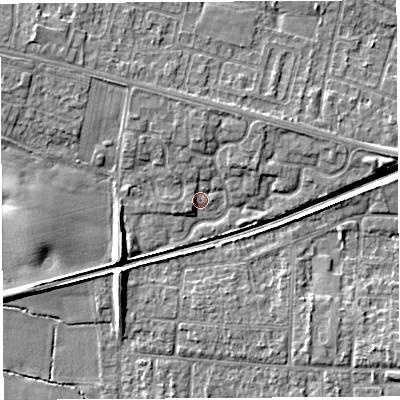 Shaded relief map of the ground around WA53SB, computed from Environment Agency LiDAR. The ground here sits at about 16 m above sea level and falls 8 m across the surrounding 800 m. Surface water reaching this point runs off ground lying to the north-west, 2.5 m higher.