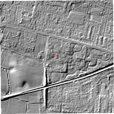 Shaded relief map of the ground around WA53SG, computed from Environment Agency LiDAR. The ground here sits at about 17 m above sea level and falls 8 m across the surrounding 800 m. Surface water reaching this point runs off ground lying to the north-north-west, 1.2 m higher.