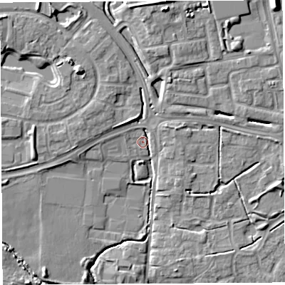Shaded relief map of the ground around WA53TA, computed from Environment Agency LiDAR. The ground here sits at about 17 m above sea level and falls 11 m across the surrounding 800 m. Surface water reaching this point runs off ground lying to the north-west, 7.6 m higher.