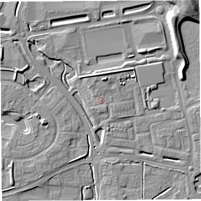 Shaded relief map of the ground around WA53WF, computed from Environment Agency LiDAR. The ground here sits at about 21 m above sea level and falls 13 m across the surrounding 800 m. Surface water reaching this point runs off ground lying to the north, 0.9 m higher.