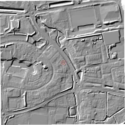Shaded relief map of the ground around WA53XW, computed from Environment Agency LiDAR. The ground here sits at about 19 m above sea level and falls 9 m across the surrounding 800 m. Surface water reaching this point runs off ground lying to the west-south-west, 5.5 m higher.
