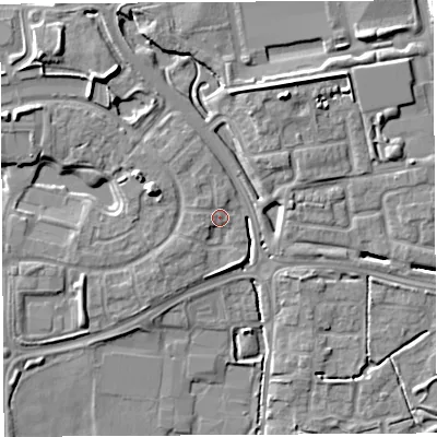 Shaded relief map of the ground around WA53XX, computed from Environment Agency LiDAR. The ground here sits at about 19 m above sea level and falls 9 m across the surrounding 800 m. Surface water reaching this point runs off ground lying to the south-west, 2.2 m higher.