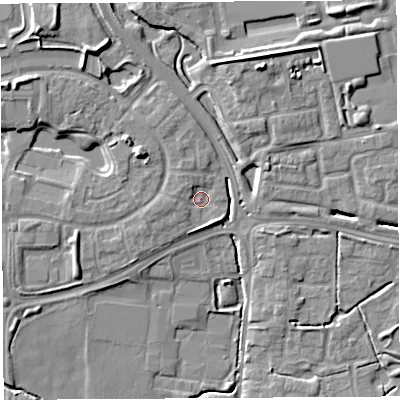 Shaded relief map of the ground around WA53YN, computed from Environment Agency LiDAR. The ground here sits at about 18 m above sea level and falls 10 m across the surrounding 800 m. Surface water reaching this point runs off ground lying to the west-south-west, 2.2 m higher.
