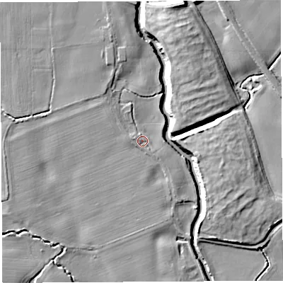 Shaded relief map of the ground around WA54BL, computed from Environment Agency LiDAR. The ground here sits at about 11 m above sea level and falls 10 m across the surrounding 800 m. Surface water reaching this point runs off ground lying to the west-north-west, 2.3 m higher.