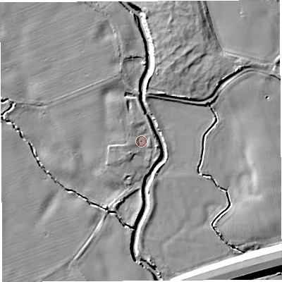 Shaded relief map of the ground around WA54BN, computed from Environment Agency LiDAR. The ground here sits at about 10 m above sea level and falls 9 m across the surrounding 800 m. Surface water reaching this point runs off ground lying to the west-south-west, 1.5 m higher.