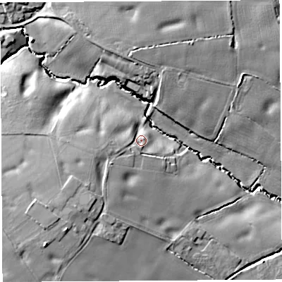 Shaded relief map of the ground around WA54BY, computed from Environment Agency LiDAR. The ground here sits at about 22 m above sea level and falls 16 m across the surrounding 800 m. Surface water reaching this point runs off ground lying to the west-south-west, 8.2 m higher.