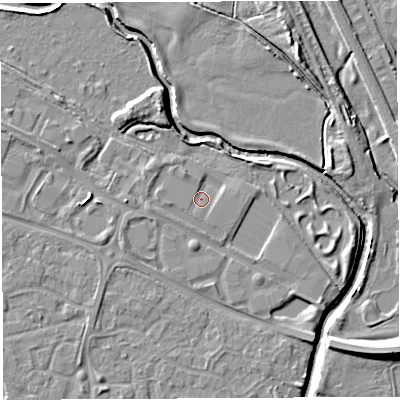 Shaded relief map of the ground around WA57FZ, computed from Environment Agency LiDAR. The ground here sits at about 9 m above sea level and falls 10 m across the surrounding 800 m. Surface water reaching this point runs off ground lying to the south-south-east, 1.3 m higher.