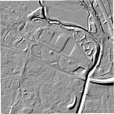 Shaded relief map of the ground around WA57TN, computed from Environment Agency LiDAR. The ground here sits at about 10 m above sea level and falls 10 m across the surrounding 800 m. Surface water reaching this point runs off ground lying to the east-south-east, 1.1 m higher.