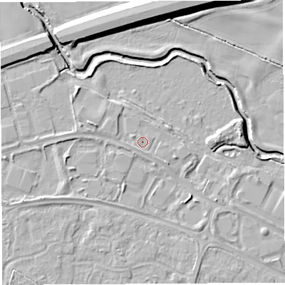 Shaded relief map of the ground around WA57TP, computed from Environment Agency LiDAR. The ground here sits at about 10 m above sea level and falls 11 m across the surrounding 800 m. Surface water reaching this point runs off ground lying to the west-south-west, 0.6 m higher.