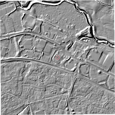 Shaded relief map of the ground around WA57TR, computed from Environment Agency LiDAR. The ground here sits at about 10 m above sea level and falls 6 m across the surrounding 800 m. Surface water reaching this point runs off ground lying to the west-north-west, 1.0 m higher.